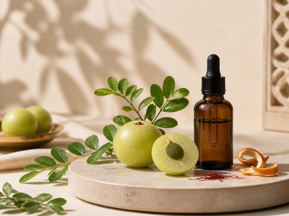 Fresh amla fruit and a botanical oil bottle